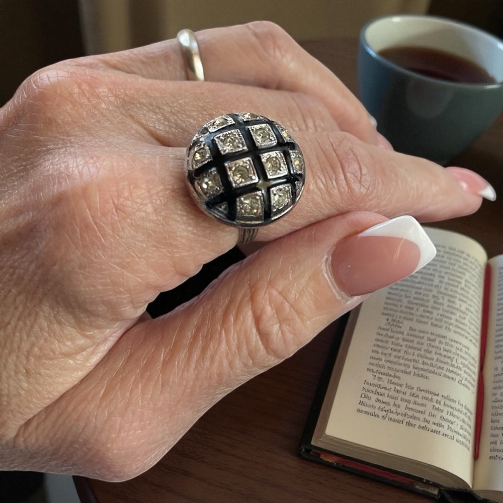 Art Deco Sterling Silver Pavé Crystal Checkerboard Dome Cocktail Ring